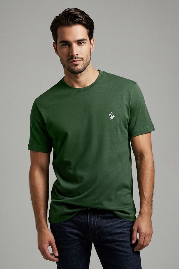 Trendyol Collection-Khakifarbenes T-Shirt aus 100 % Baumwolle, reguläre Passform, Stickerei. 1