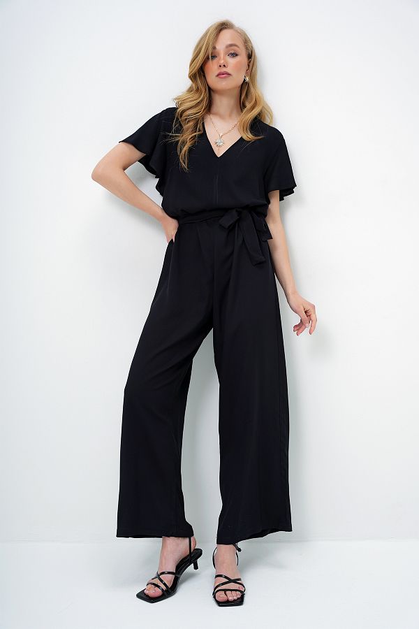 Trend Alaçatı Stili-Women's Black V-Neck Flared Sleeves Self Belted Woven Summer Jumpsuit Alc-X13787 1