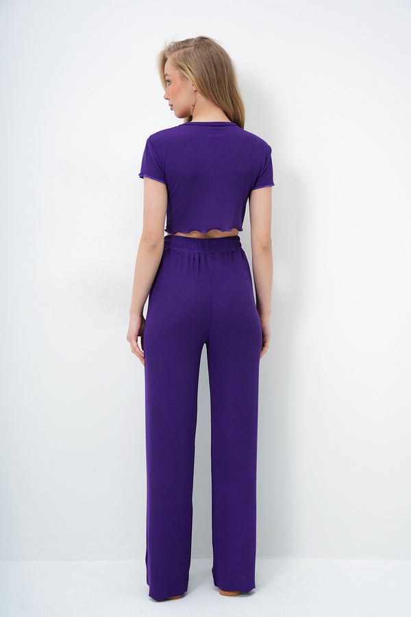 Trend Alaçatı Stili Women's Purple Crew Neck Crop Blouse, Shorts