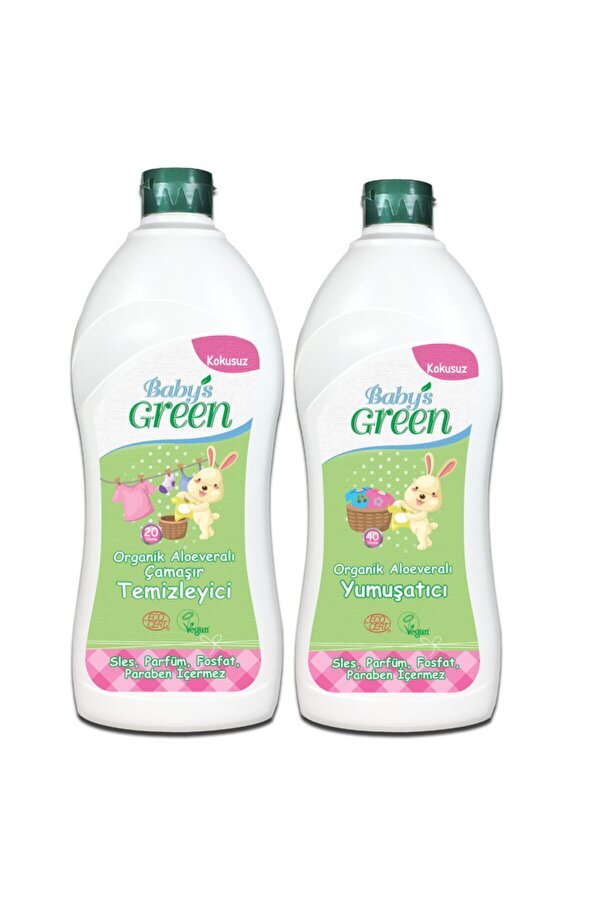 Baby's Green 2'li Set Baby’s Green Organik Bebek Çamaşır Deterjanı Aloeveralı 20 Yk Yumuşatıcı Kokusuz 750 ml