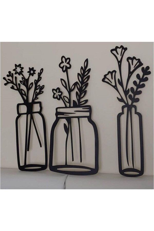 Aker Hediyelik-Flower in Triple Jar Wooden Wall Decoration - Painting 1