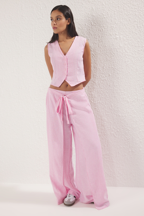 Trendyol Collection-Pink Front Tie Pants Crop Vest Linen Look Woven Bottom-Top Two-Piece Suit Twoss25Au00018 1