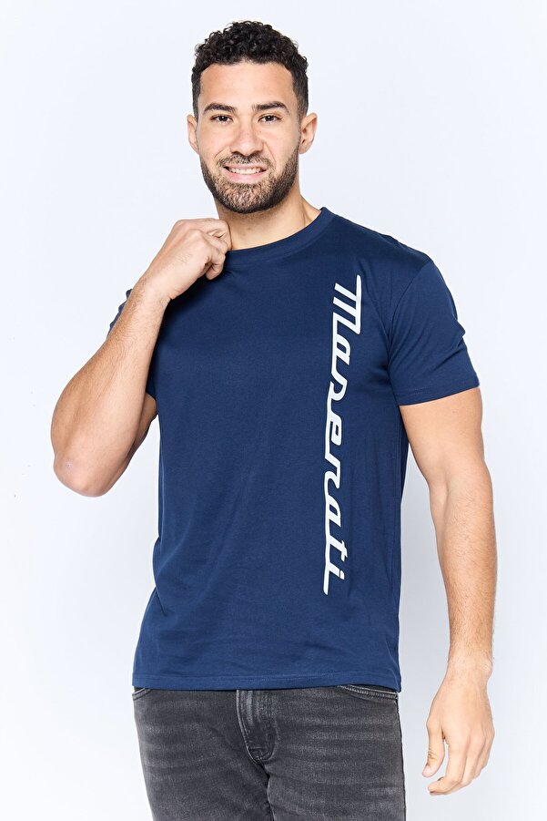 Maserati Men Crew Neck Short Sleeve Brand Logo T-Shirt, Navy- Trendyol