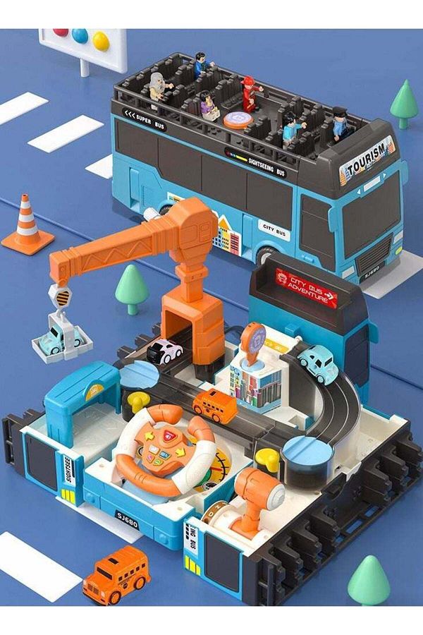 COOYA-Multifunctional transformable bus toy,two modes,with tracks,crane arms and lights,adjustable,blue 1