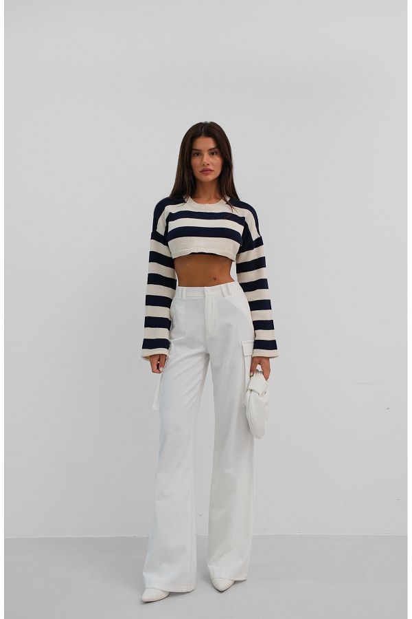 Black Fashion-Pantaloni cargo albi cu talie înaltă - buzunar 1