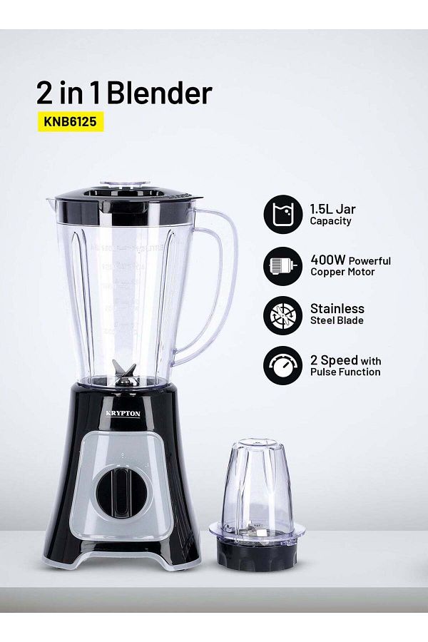 KRYPTON-2-in-1 Blender with Grinder, 1.5L Jar, 2 Speed + Pulse, Sharp Blades, Copper Motor, PC Jar 1