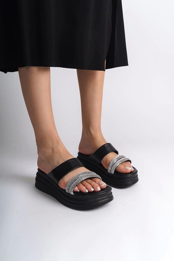 TB Terzi Bey-Sarah Flat Heeled Stone Striped Thick and Orthopedic Sole Women's Slippers St - Black 1