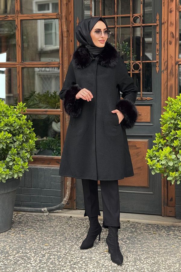 Kayra-Premium Fur Detailed Coat Ka-A23-17026 Black 1
