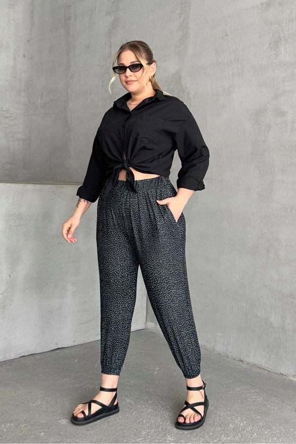 Stil Diva-Large Size Patterned Shalwar Trousers with Elastic Waist and Legs with Pockets 74-73 1