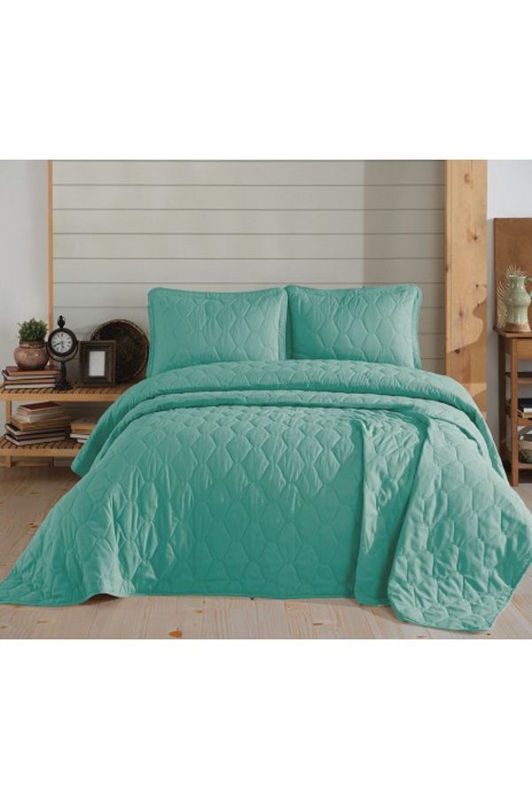 NazeninHome-Set cuvertura matlasata + 2 fete perna bumbac 100%, 220x240cm, turcoaz 1