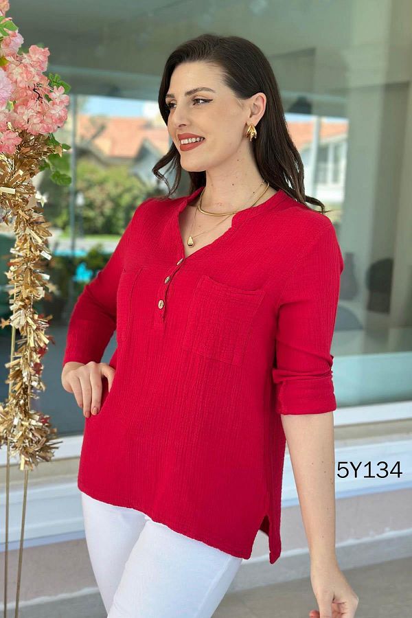 İnce Topuk-Buttoned Cotton Muslin Fabric Blouse 5Y134 1