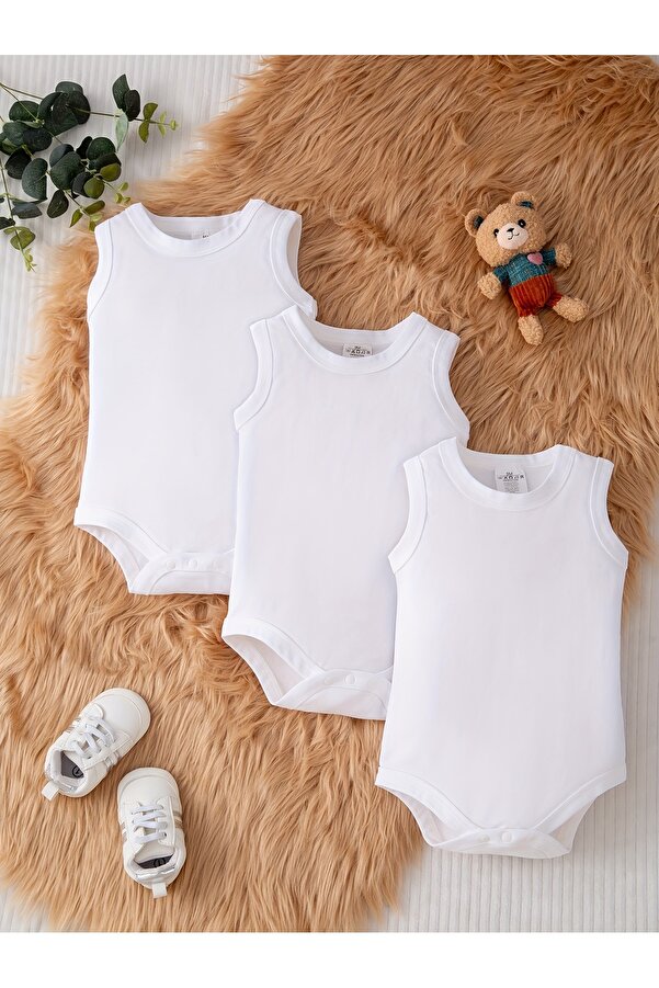 Lindakids % 100 Organik Pamuk 3'lü Ribana Beyaz Düz Kumaş Çıtçıtlı Bebek Atlet Body/Zıbın