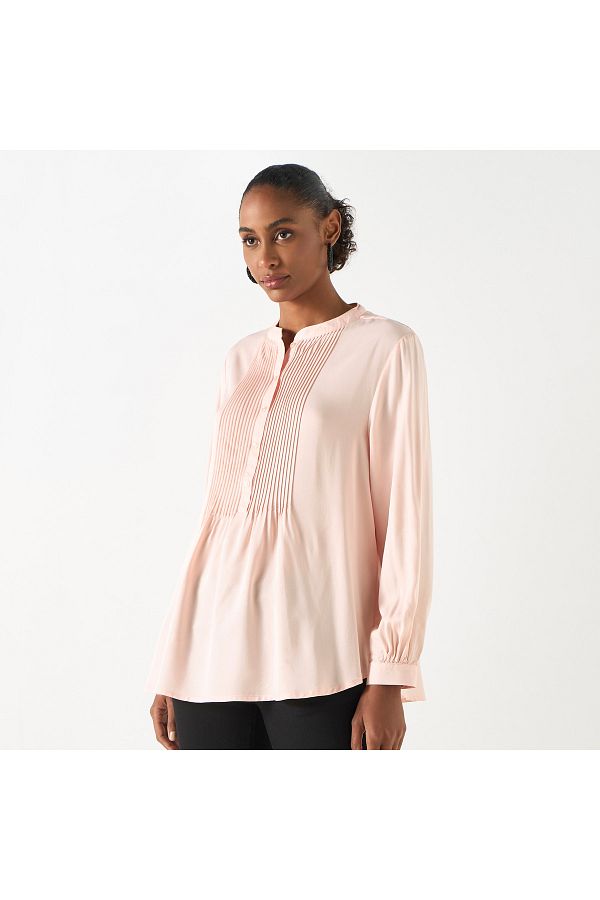 BASIC-Pintuck Detail Top with Mandarin Collar and Long Sleeves 1