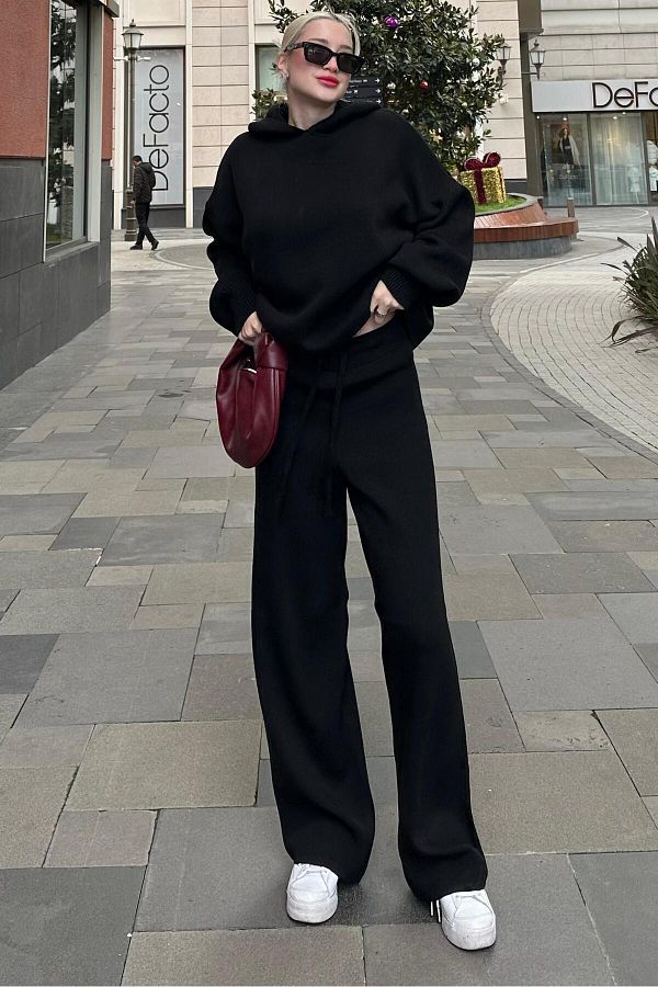 Madmext-Black Hooded Knitwear Women's Tracksuit Set Mg2237 1