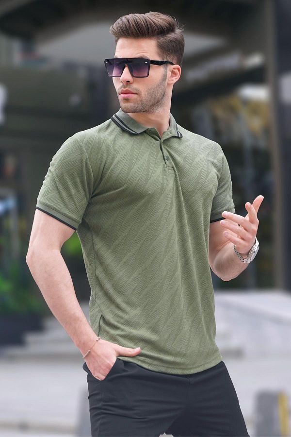 Madmext-Ανδρικό μπλουζάκι Khaki Green Polo Neck Regular Fit 6110 1