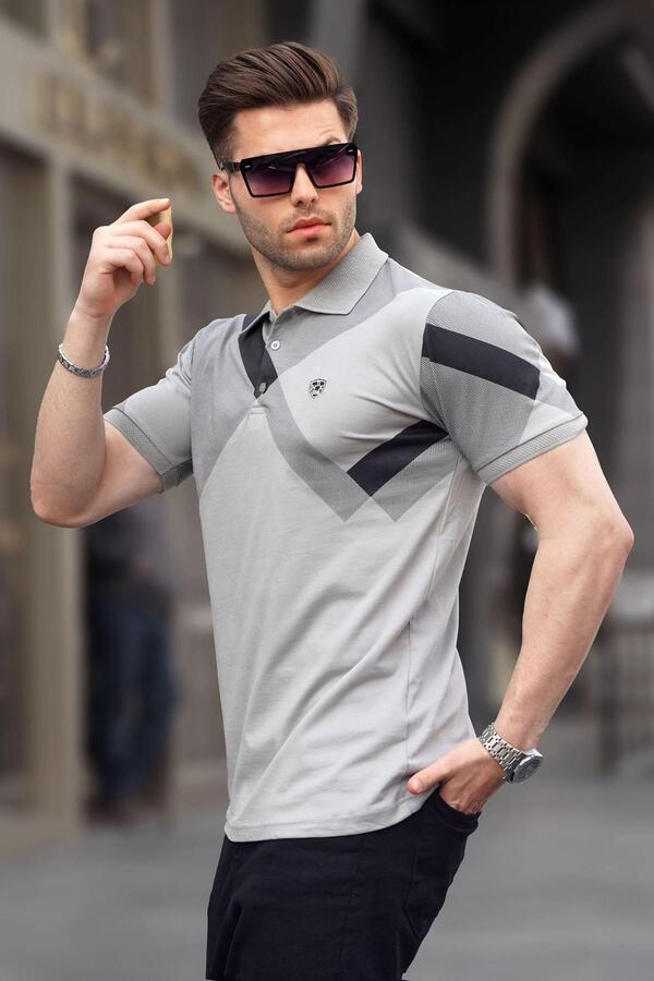 Madmext-Grau lackiertes gemustertes Herren-T-Shirt mit Polokragen 6081 1