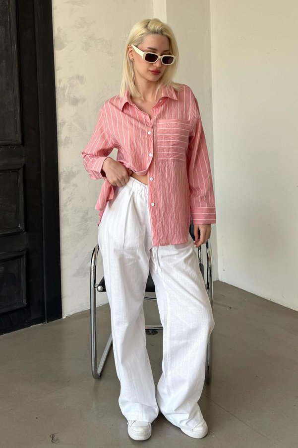 Madmext Pink Striped Women's Pocket Shirt Mg2345