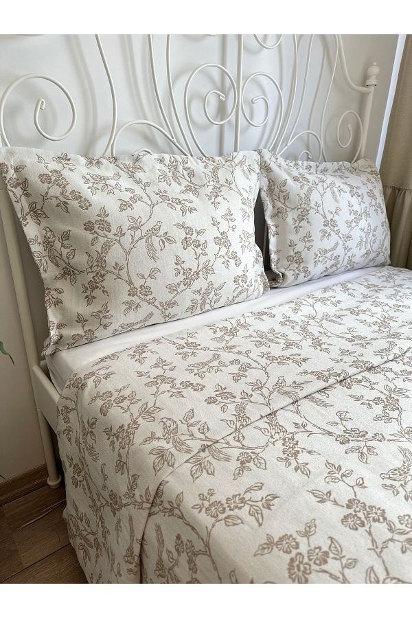 Decamor home-Bird Patterned Beige Bedspread & Pique Set Double 220 X 240 1