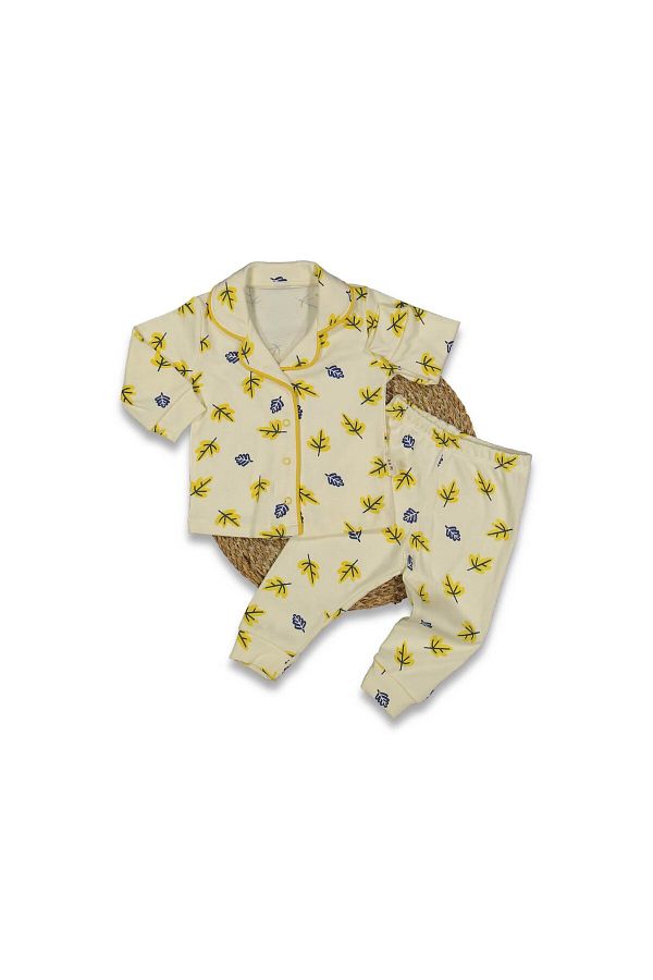 TRENDİMİZBİR-Unisex Yellow Leaf Patterned Luxury Pajama Set - 100% Cotton 1