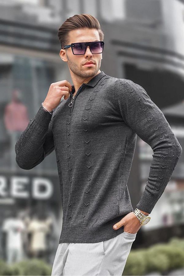 Madmext-Anthrazitfarbener Strickpullover mit Reißverschluss 5606 1