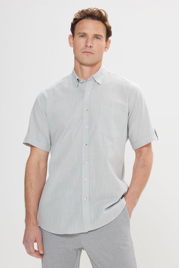 AC&Co / Altınyıldız Classics-Men's Gray Comfort Fit Relaxed Cut Hidden Button Collar Linen Look 100% Cotton Flared Shirt 1