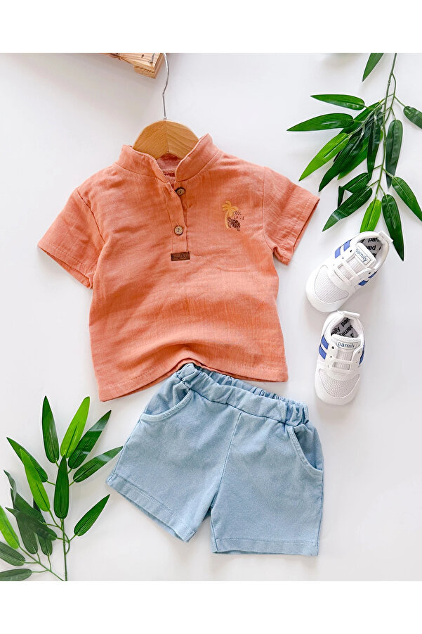 hümabebe Cool Kaplumbağa Önden Ahşap Düğme Detaylı Muslin Gömlek Örme Kot Şortlu Yazlık 2li Takım