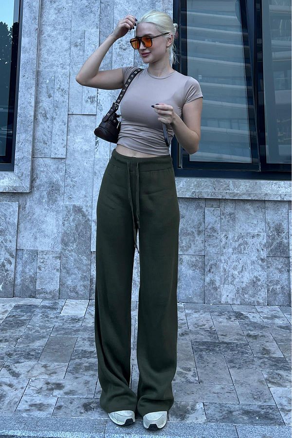 Madmext-Khaki kalhoty se širokými nohavicemi - Nastavitelný pas Mg2089 1