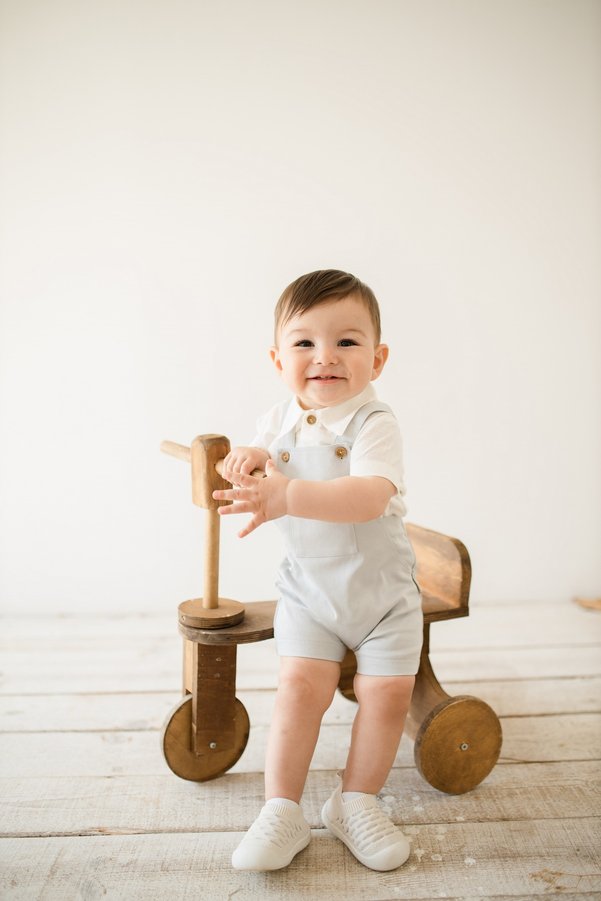 Kuarks Summer Baby Boy Overalls Set Linen Shirt Body Suit and Canvas Shorts Overalls 0-12 Months Set