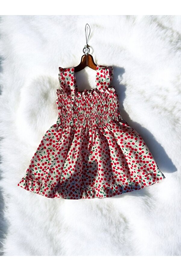 eradkids KIZ ÇOCUK ELBİSE Yeni Sezon Kiraz detaylı Fırfır yazlık elbise askılı/ Kız bebek elbise