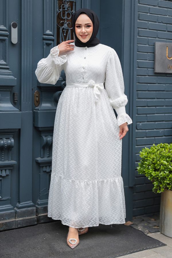 N.S NEVA STYLE-Buttoned White Hijab Dress 13902B 1