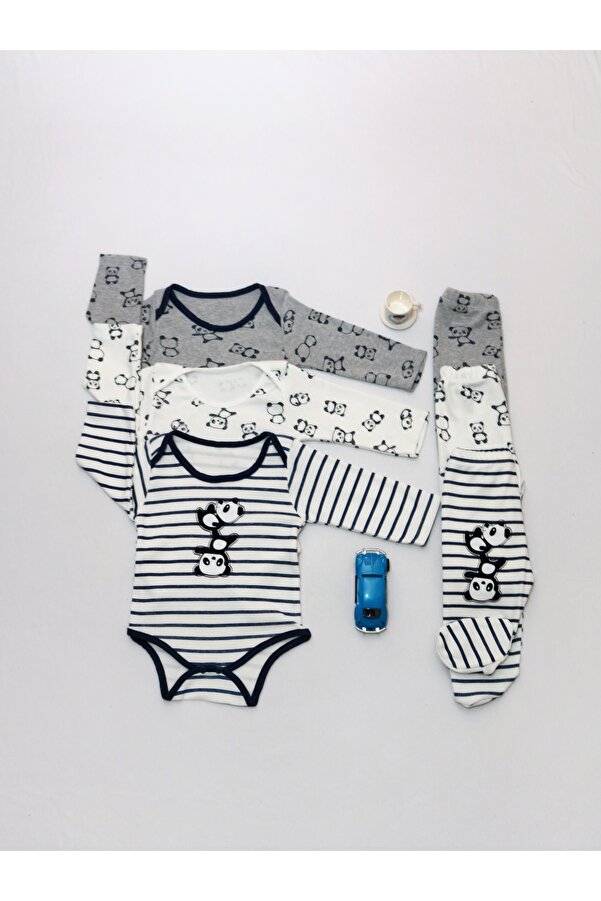 Pırlanta baby Bebek 6'lı Tulum ve Alt Takımı - %100 Pamuklu Panda Desenli 0 - 9 Ay Erkek ve Kız Bebek İçin