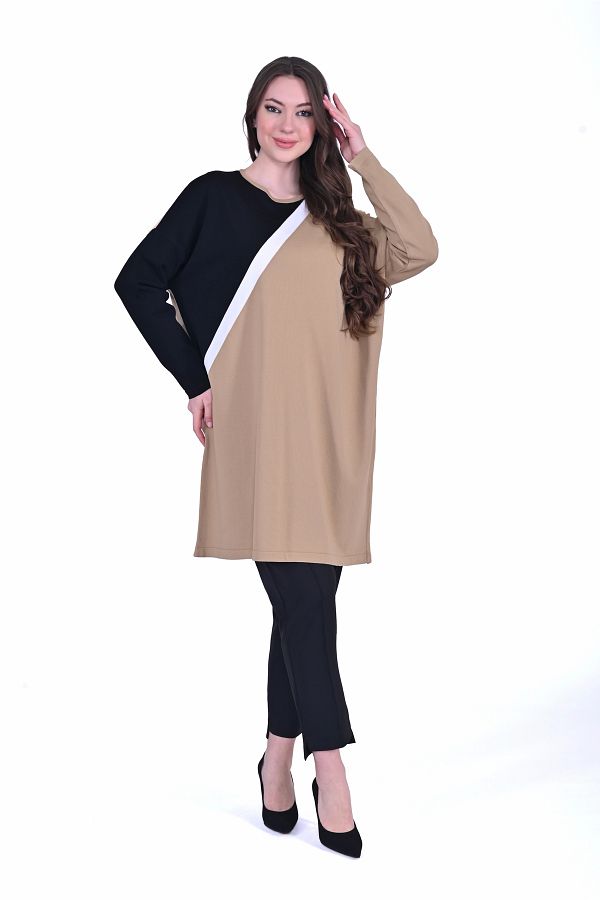 Invee-Invee 7048 Camel Color Block Knitwear Tunic 1