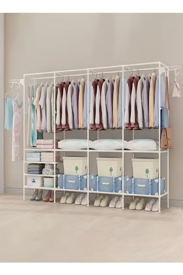 Taimi-Metal Clothes Organizer, Multi Functional With Four Sections And Poles For Hanging Clothes White 1