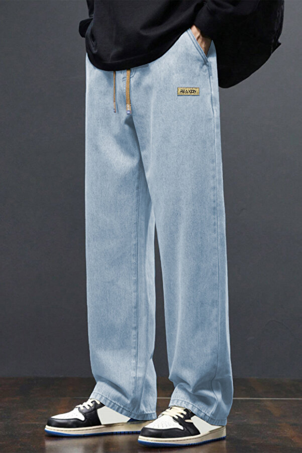 Erkek Açık Mavi Baggy Beli Lastikli Likralı Düz Paça Bol Kesim Rahat Denim Jean Pantolon RF0480