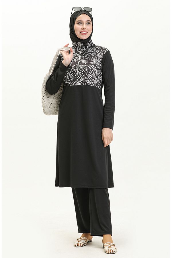 sefamerve-Gemusterter Hijab-Badeanzug 2313-01 Schwarz 1