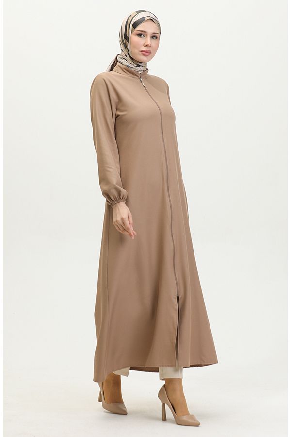 sefamerve-Beige Plain Ferace - Arm End with Elastics and Zipper 1013-04 1