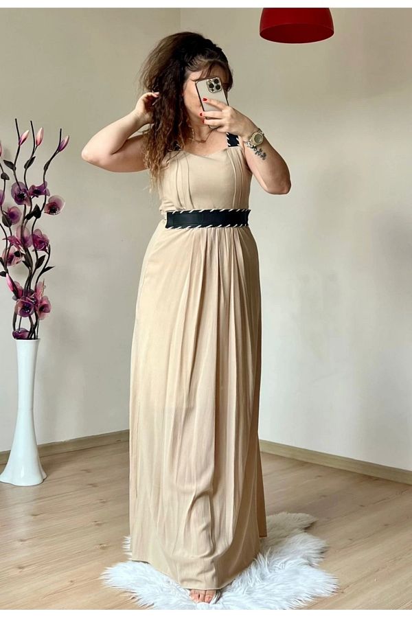 AZRA BUTİK-Strappy Leather Belt Dress Beige 1