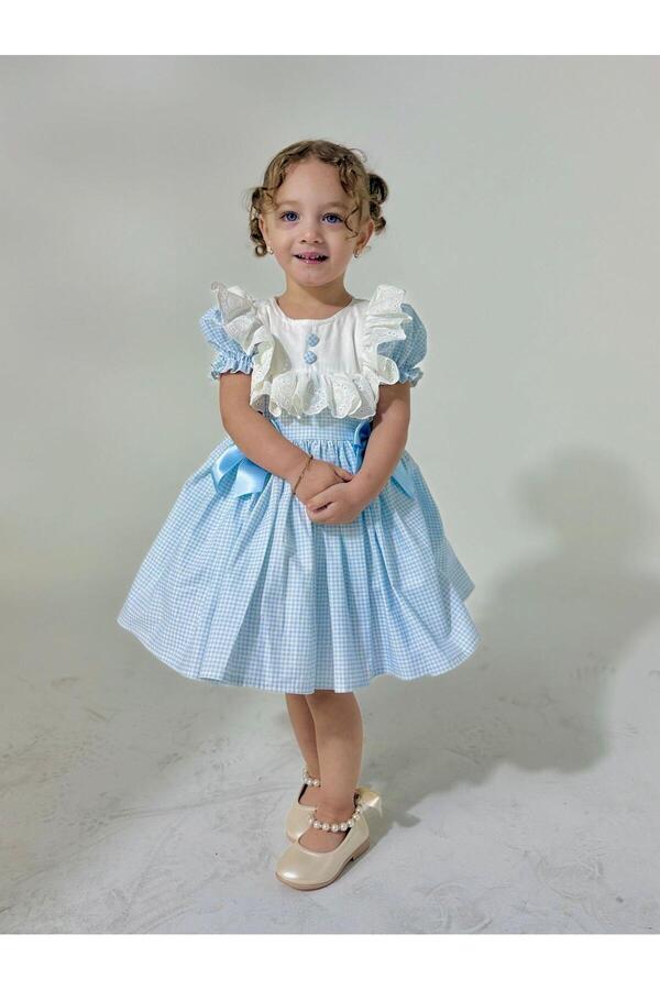 Hly Karol Tasarım Defne Mavi Vintage Kız Bebek Elbise,Doğum günü elbise,fotoğraf çekim elbise,0-7 Yaş Uygun