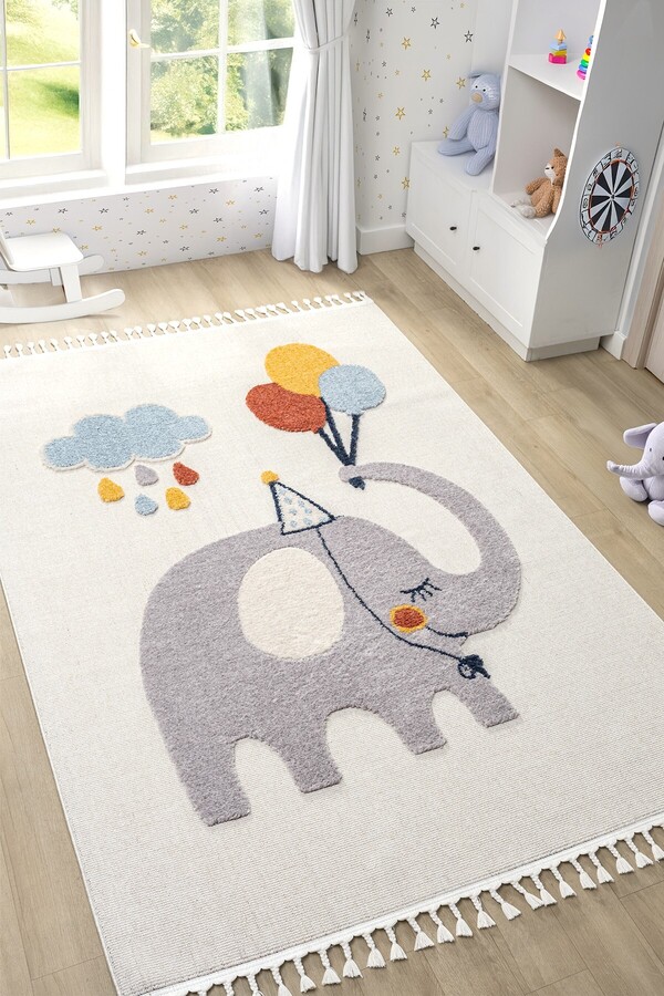 Eliz Home Yumuşak Renkli Bukleli Fil Balon Figürlü Dokuma Halı Bebek Odası Çocuk Odası Genç Odası Halısı 6