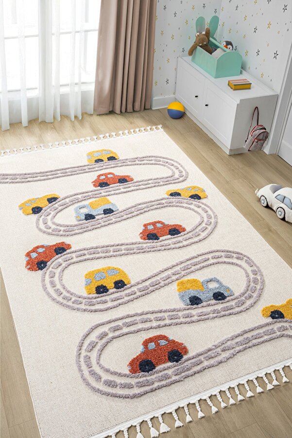 Eliz Home Yumuşak Renkli Bukleli Araba Yolu Dokuma Halı Bebek Odası Çocuk Odası Genç Odası Halısı 10