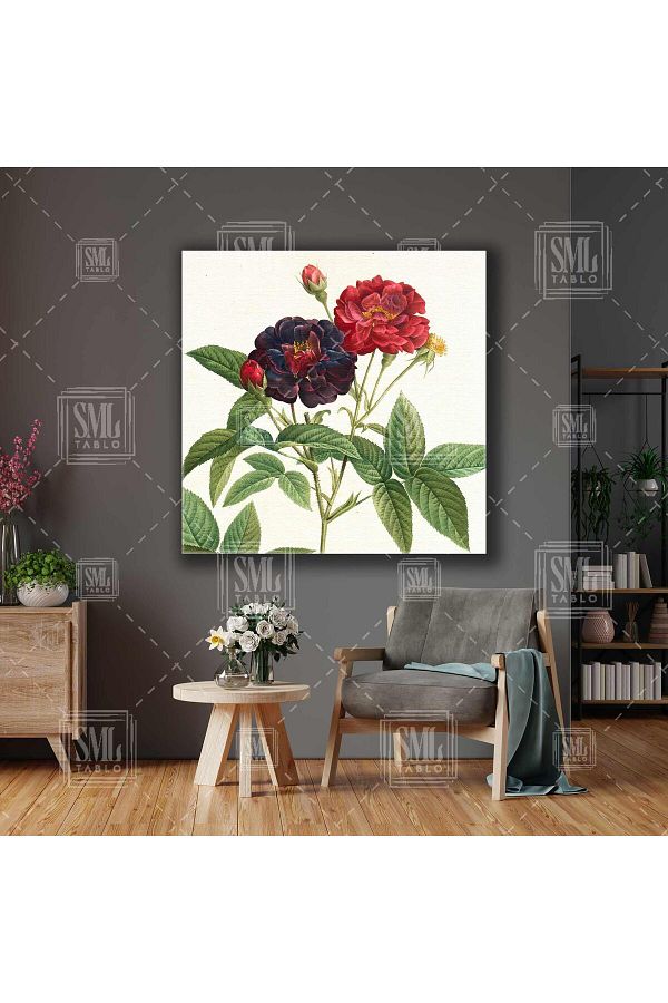 SML TABLO-Rose Branch with Red and Purple Blooming Buds Square Art Print 1
