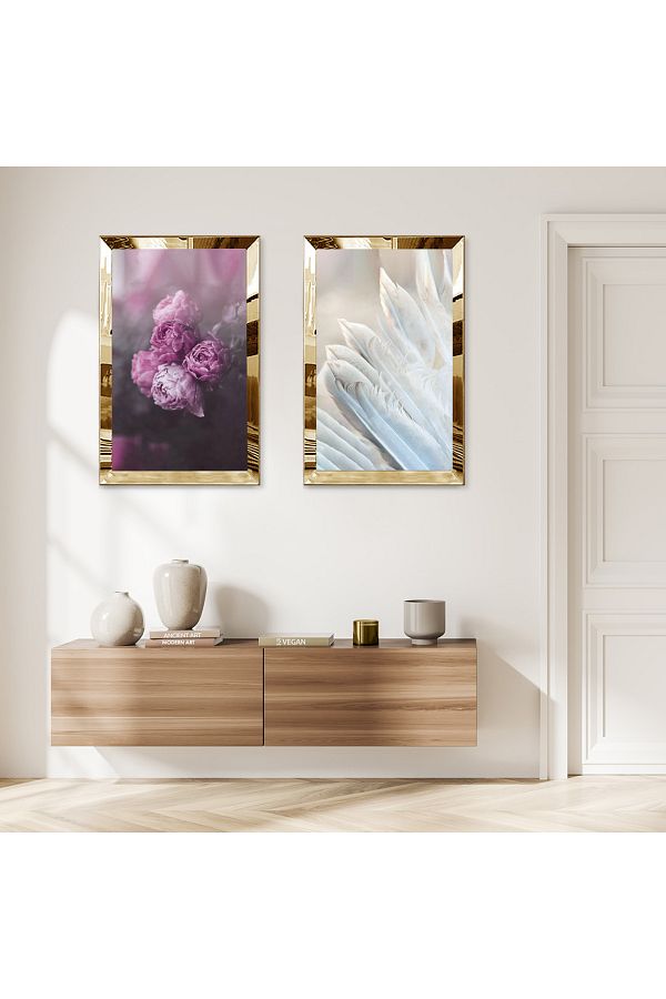 Zevahir Mobilya Dekorasyon-Purple White Flowers Double Mdf Table Set with Gold Mirrored Plexi Frame 1