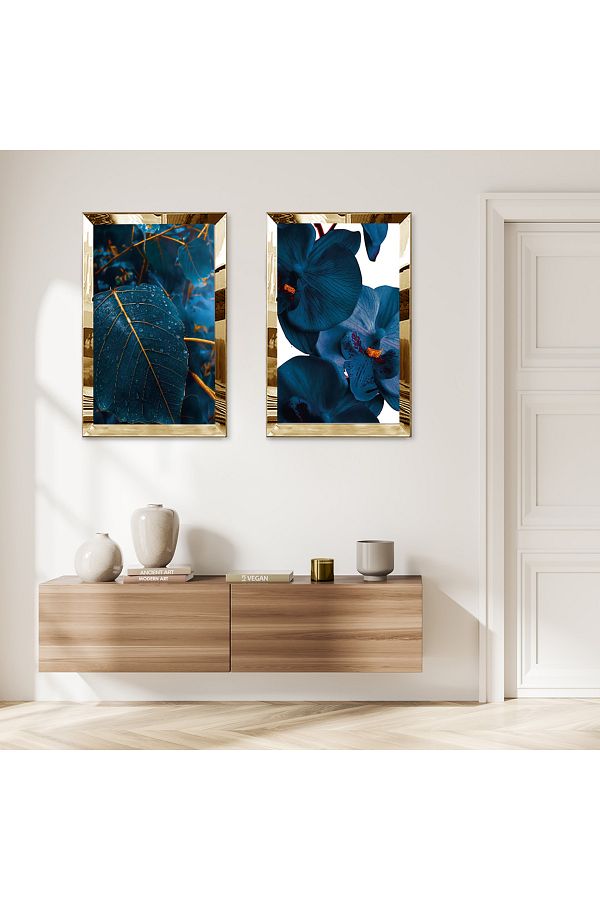 Zevahir Mobilya Dekorasyon-Gold Mirrored Plexi Frame with White Background Blue Abstract Leaves Double Mdf Table Set 1