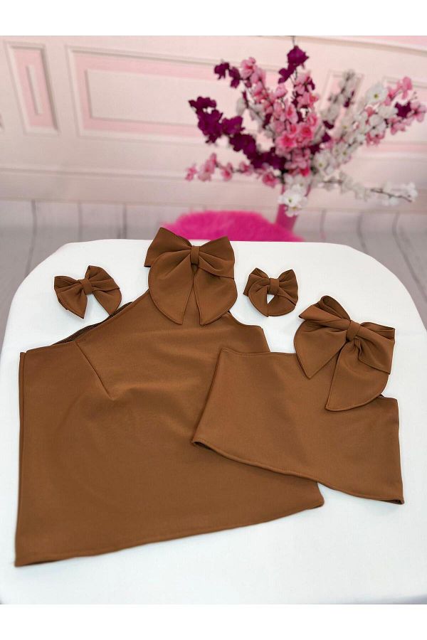 NA ADDESIGN-Mother Daughter Brown Blouse with Bow on the Shoulder (Must Be Added Separately to the Cart, Prices Are Different) 1