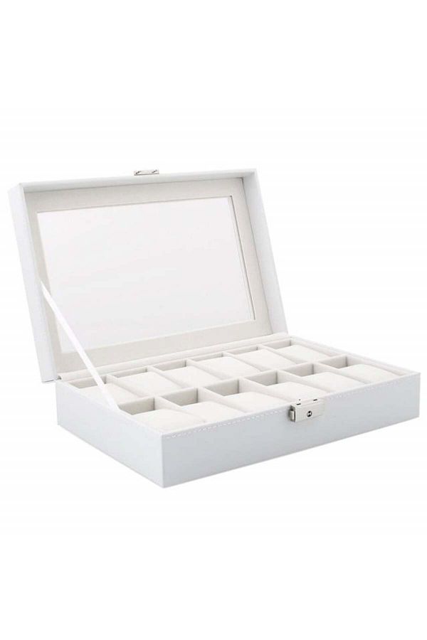 PUFO-Elegant storage box with compartments for 12 watches, Pufo Premium model with key, white 1