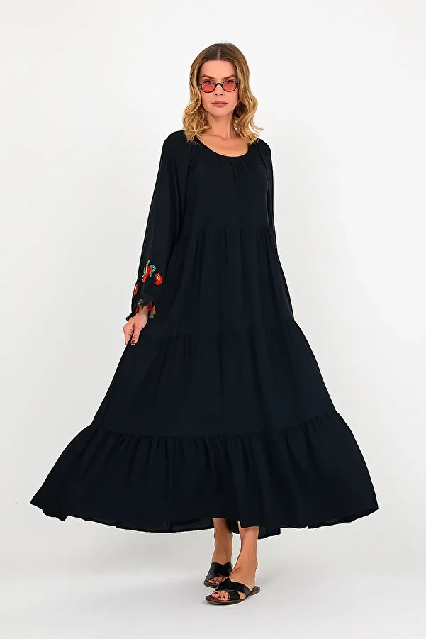 Tubik-Women's Madonna Collar Sleeve Tasseled Floral Embroidery Detailed Viscose Dress 1