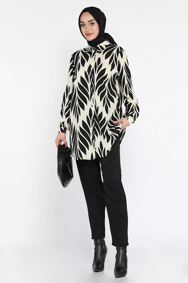 julude-Creamy Black Large Size Patterned Tunic Trousers Hijab Double Set 1