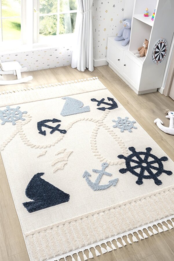 Eliz Home Yumuşak Renkli Bukleli Denizcilik Figürlü Dokuma Halı Bebek Odası Çocuk Odası Genç Odası Halısı 3