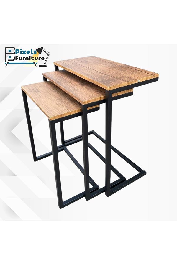 PixelsFurniture-طقم طاولات جانبية متداخلة بتصميم ريفي عصري مكون من 3 قطع من بكسل الأثاث 1