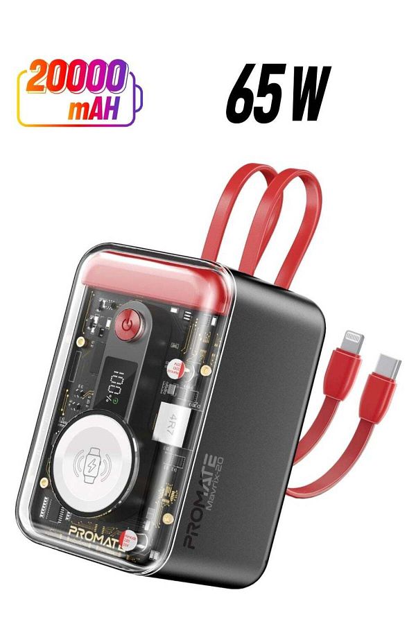 Promate-5-In-1 Power Bank, 20000 mAh with Built-In USB-C, Lightning Cables, PD65W USB-C Port, 27W US 1